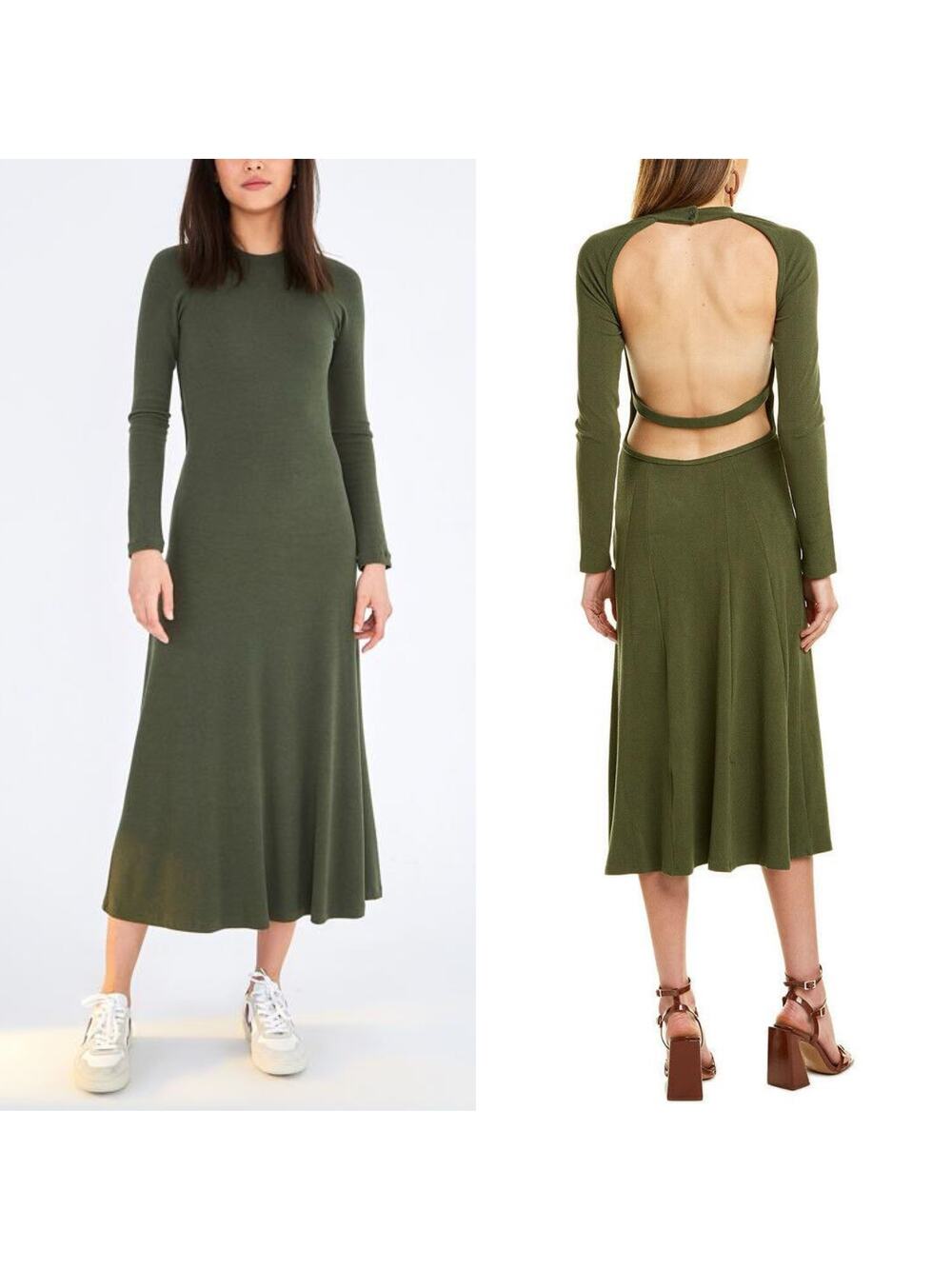 Farm Rio Open-Back Long Sleeve Olive Green Midi Dress Size XL